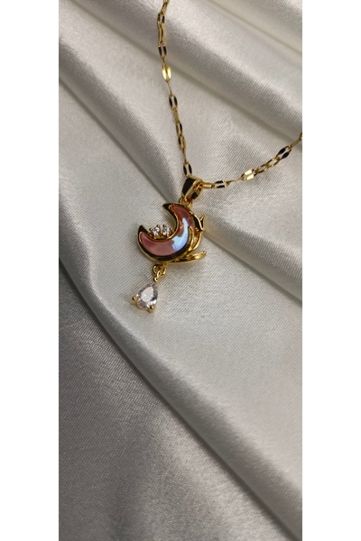 Poyi Aksesuar قلادة من الفولاذ على شكل قمر وردي