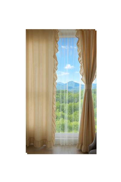 SEVCAN TEKSTİL 3 Kenar Fırfırlı Düz Bej Vintage Keten Perde (EN X BOY ) Tek K...