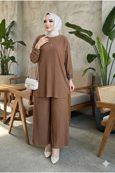 modamira Kadın Sandy taba Kurtarıcı Tarz Özel Davet Komple Piliseli Tunik Pan...