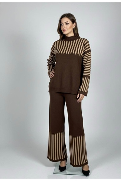 YusGos Women's Arm and Leg Striped Detail Piece Top Bottom Pants Sweater Knitwear Set