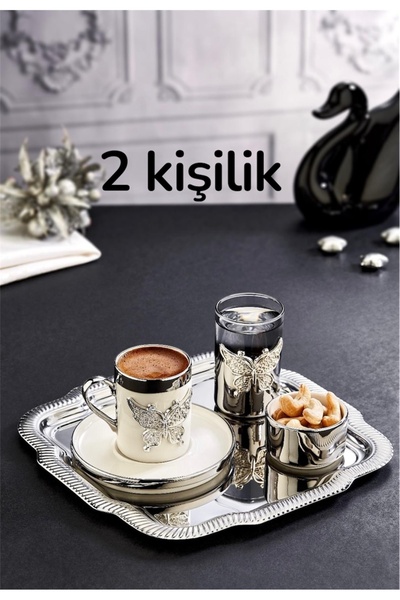 stil hediyelik dekorasyon 2 kişilik kelebek zamaklı gümüş kahve fincan seti