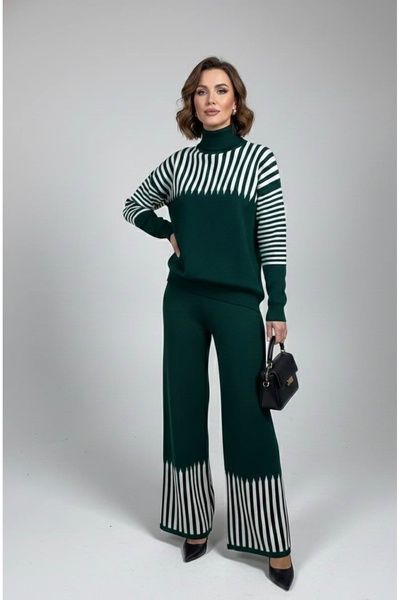 YusGos Women's Arm and Leg Striped Detail Piece Top Bottom Pants Sweater Knitwear Set