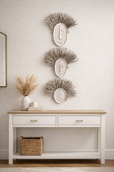 Momiko مجموعة من 3 قطع من زخارف الحائط التجريدية المصنوعة يدويًا على شكل وجه مع شعر، زخرفة جدارية طبيعية بوهيمية