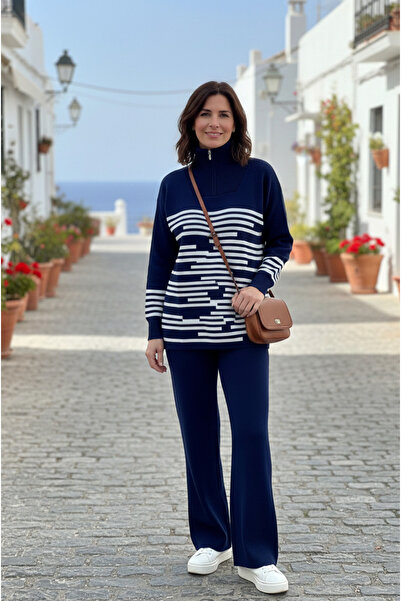 YusGos Women's Stripe Detailed Bottom Top Pants Sweater Knitwear Set