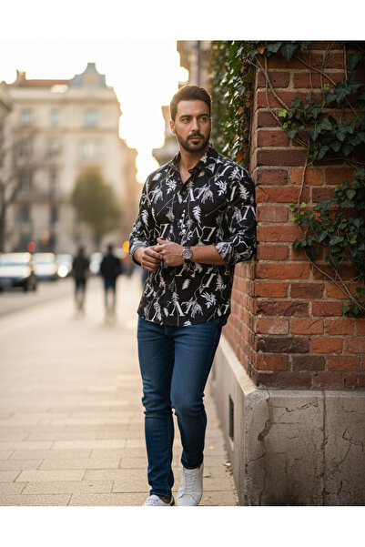 YusGos Long Sleeve Cotton Leaf Pattern Regular Fit Men's Shirt