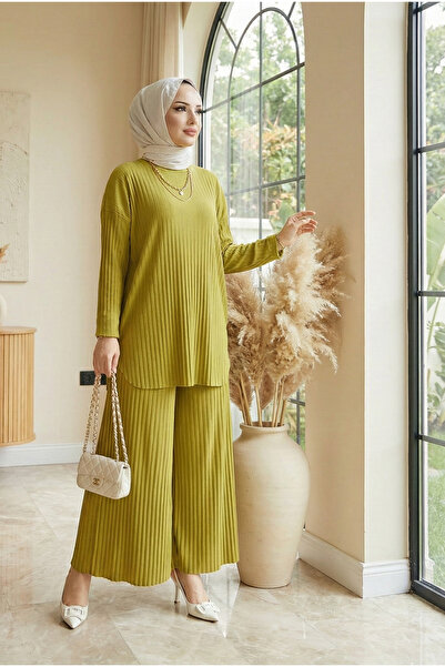 modamira Kadın Sandy yağ yeşili Komple Piliseli Tunik Pantolon Tesettür İkili...