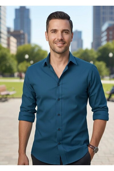 YusGos قميص رجالي بأكمام طويلة من القطن الناعم ذو قصة عادية