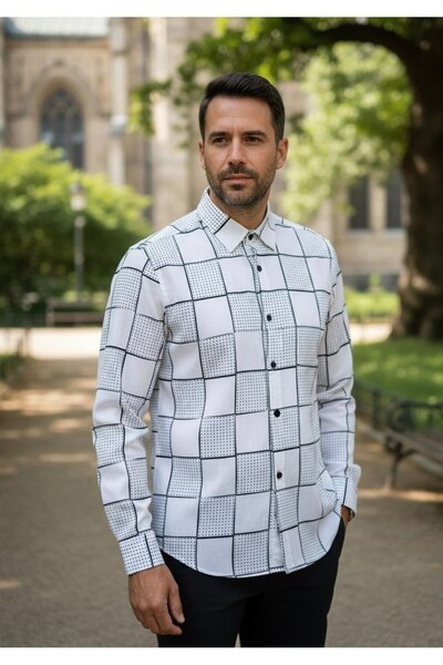 YusGos Long Sleeve Patterned Cotton Regular Men's Stretch Fabric Winter Shirt