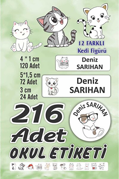 Vice isim Baskılı Defter Kalem Okul Etiketi (216 Adet Sevimli Kedi Temalı Kit...