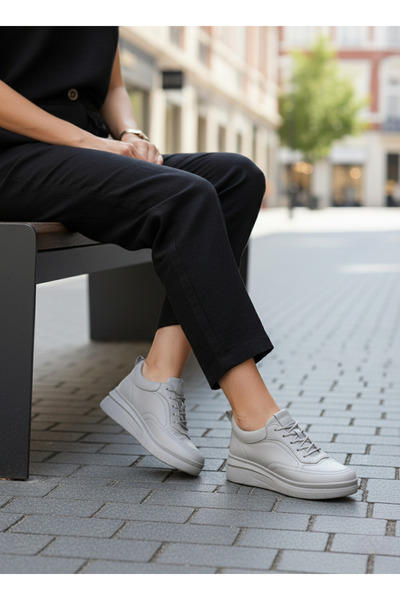 RaySones Genuine Women's Leather Shoes Stone Gray Lace-Up Daily Soft Leather ...