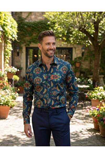 YusGos Uzun Kollu Pamuklu Şal Desenli Regular Fit Erkek Gömlek