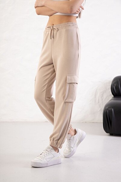 YusGos Women's Soft Textured Modal Fabric Pocket Detailed Elastic Leg Cargo Pants