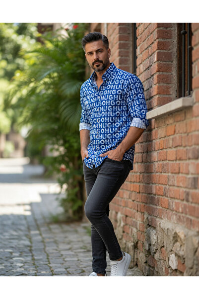 YusGos Long Sleeve Cotton Letter Pattern Regular Fit Men's Shirt