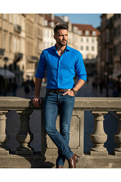 YusGos Long Sleeve Cotton Easy Iron Muslin Linen Regular Men's Shirt