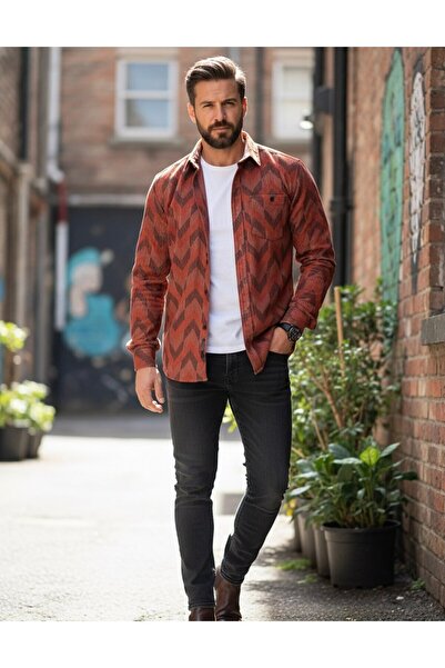 YusGos Long Sleeve Patterned Cotton Easy Iron Regular Fit Men's Stretch Fabric Winter Shirt