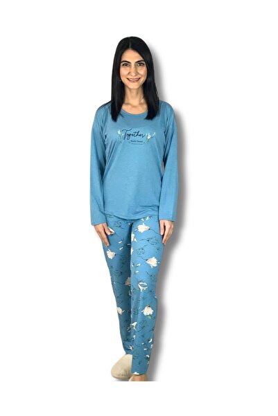 YusGos طقم بيجامة نسائي من القطن والفسكون بنقشة الزهور (أزرق) أزرق مقاس XL