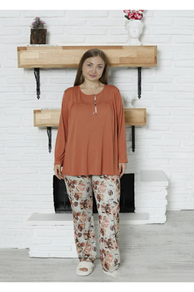 LİMİSSİ Viscose Plus Size Patterned Green Pajama Set 100% Cotton