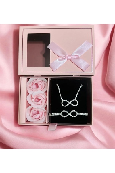 İthal 3lü Set Güllü Pembe Kutu Hediye, Gümüş Zirkon Sonsuzluk Kolye ve Bilekl...