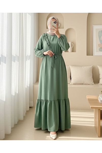 Modamorfo Ruffle Stone Detailed Piece Skirt Belted Ayrobin Dress - Khaki