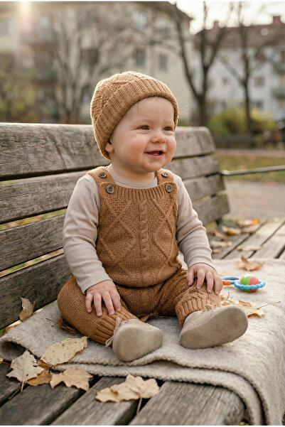 Babily Ayarlanabilir Askılı Selanik Örgü Şapkalı Triko Tulum Salopet Bebek