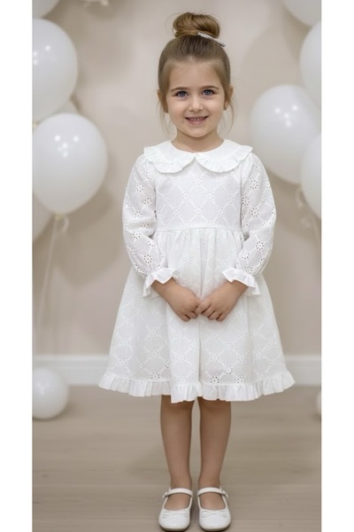 Serackids Beyaz Uzun Kollu Fisto Yaka Detaylı Kız Bebek- Çocuk Elbise - Jesicca
