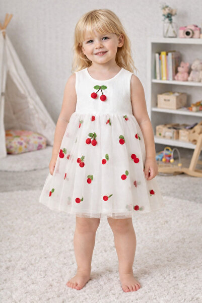 Krazber Bebek Kiraz Desenli Elbise Nakışlı Parti Elbisesi
