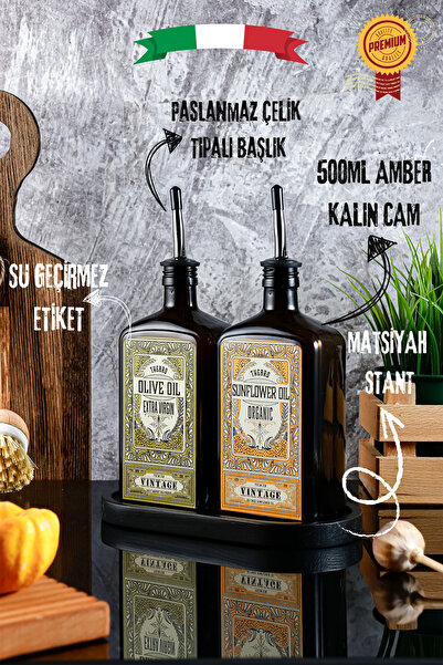 TheBRo 500ML Mat Siyah Ahşap Stantlı New Premium Serisi Zeytinyağı ve Ayçiçek...