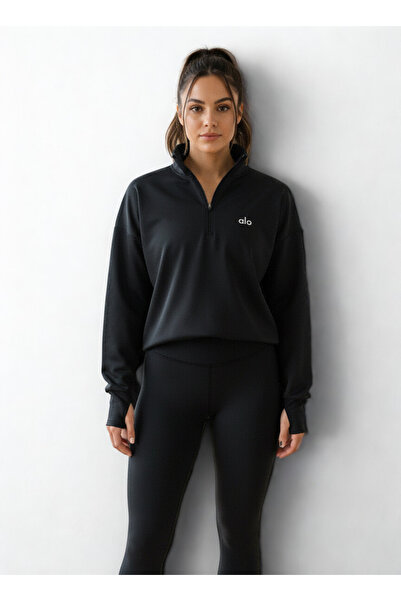 HepsitrentStore سترة رياضية بياقة مزودة بسحاب من القماش الغاطس باللون الأسود