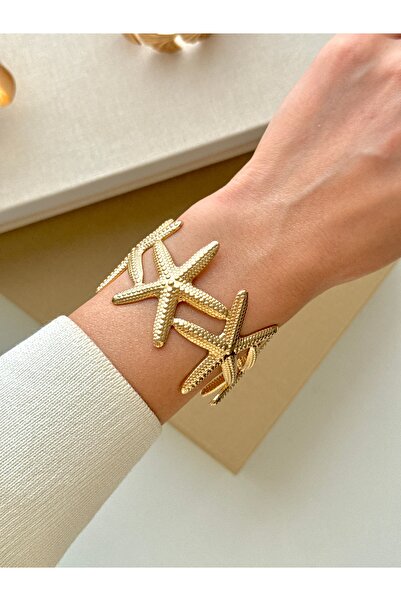 YOUES JEWELRY Çelik Kalın Kelepçe Deniz Yıldızı Gold Bilezik Ayarlanabilir Ka...