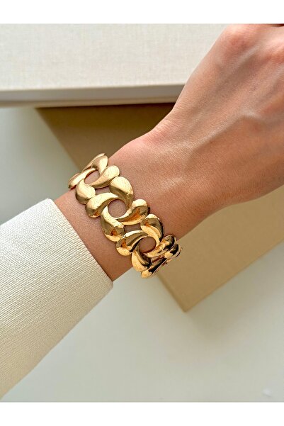 YOUES JEWELRY Çelik Kalın Kelepçe Gold Bilezik Ayarlanabilir Kadın Erkek Unisex