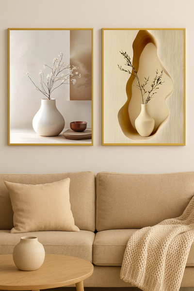 sayetablo Stillness Botanical - Gerçek Cama Baskı Gold Alüminyum Metal Çerçeveli 2'li Modern Tablo