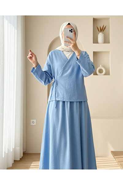 Modamorfo Yandan Bağlamalı Etekli Keten Takım -Açık Mavi