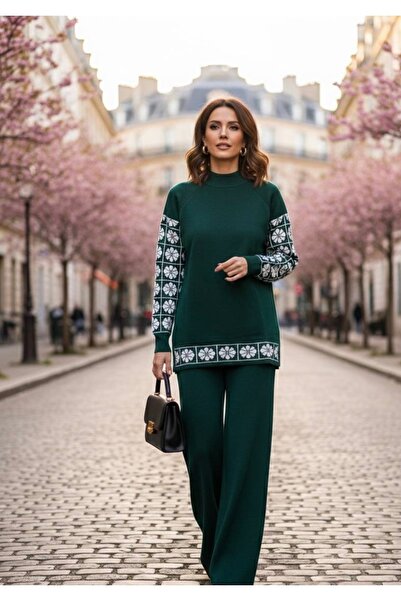 YusGos Women's Clover Patterned Top and Bottom Pants Sweater Knitwear Set