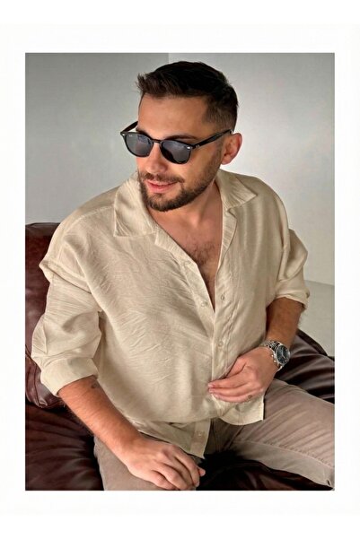 bb butik basic Erkek Dökümlü uzun spor yaka Kol Gömlek KREM