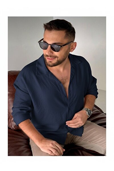 bb butik basic Erkek Dökümlü Uzun Kol Gömlek LACİVERT