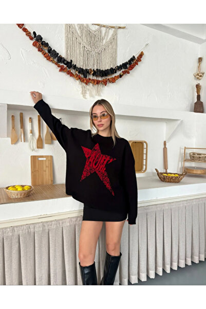 MODASPARK Siyah Yıldızlı Oversize Kadın Triko Kazak
