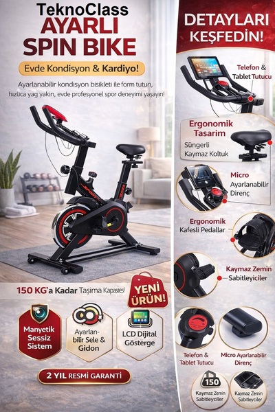 TeknoClass Ayarlı Kondisyon Bisikleti Spor Koşu Egzersiz Bisikleti Spin Bike ...