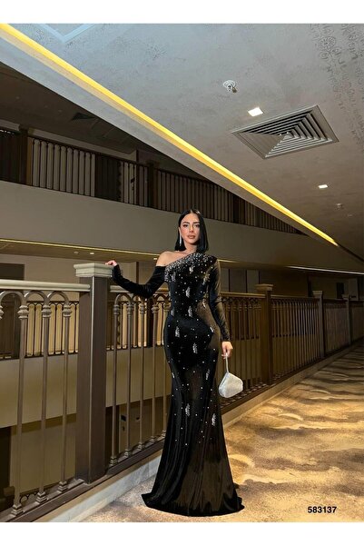 Modafeminen Kadife Esnek Kumaş Tek Omuz Taş İşleme Detaylı Abiye Elbise 583137 SİYAH