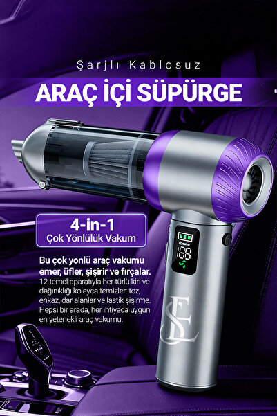 EN SİGA Şarjlı Kablosuz Araç İçi Süpürge | Güçlü Vakum | Fırçasız Motor | Üfl...