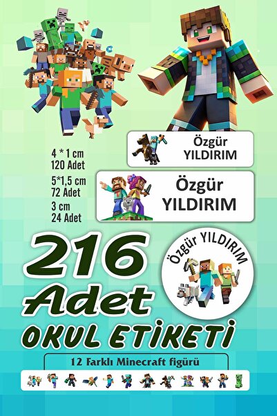 Vice Kişiye Özel Minecraft Temalı Etiket ( 216 Adet Defter Kalem okul etiketi)