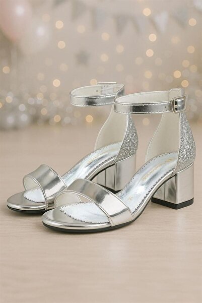 Sarıkaya Elsa Argintiu cu oglinzi Argintiu gros cu toc pentru fete Pantofi de...