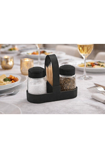 Leony Standlı Tuzluk Karabiberlik Kürdanlık Set – Cam Click Kapaklı Standlı B...