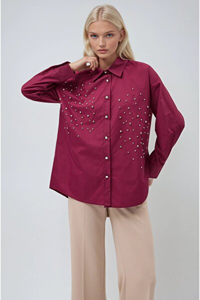 modamtn قميص بوبلين مرصع بالكريستال باللون العنابي 3413