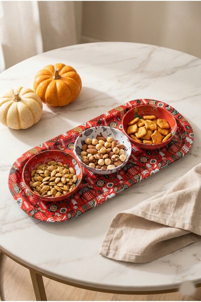 Zera Dizayn New Year's Concept Metal Oval Tray 3-Piece Snack Bowl, Presentation and Serving Set