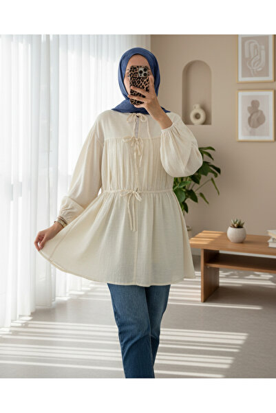 Modamorfo Önü Bağlamalı Kolları Lastikli Gömlek -Ekru