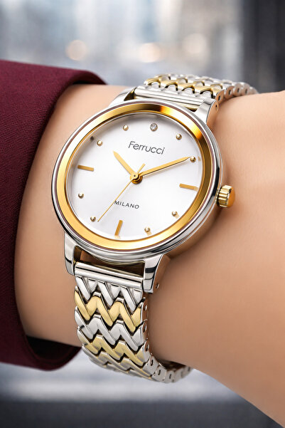 Ferrucci Çelik Kordon & Şık Tasarım, Kadın Kol Saati, 3ATM Suya Dayanıklı Gümüş-Gold sdfer154