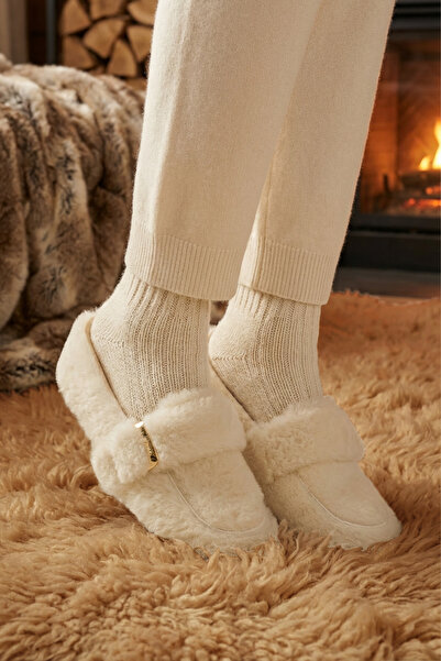 LikeMoon Women's Home Slippers Ecru Velcro Plush Stylish Women's Home Slippers Ballerina Slippers