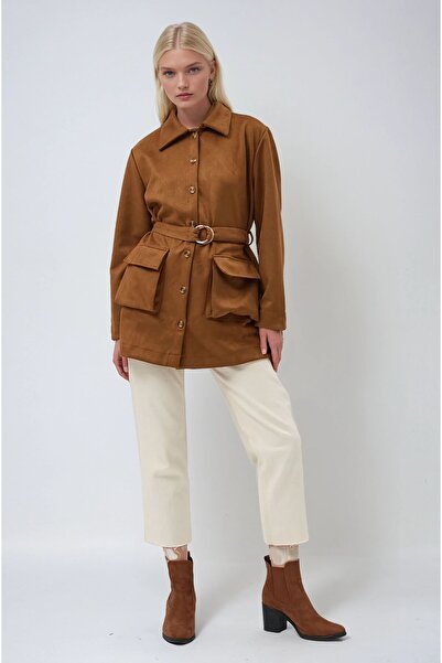 Lijuri سترة قميص ميدي مع حزام وجيوب - أسمر