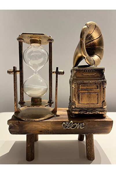 GONCA HEDİYELİK Ahşap Antika Tasarımlı Dekoratif Gold Renk Gramafon Kum Saati Dekorasyon Ev Ofis Hediyelik Eşya