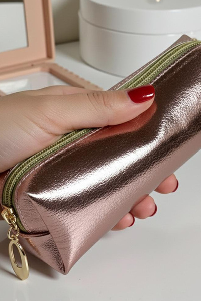 Aggu Bebe حقيبة مكياج يومية صغيرة الحجم باللون الوردي اللامع، حقيبة مستحضرات ...